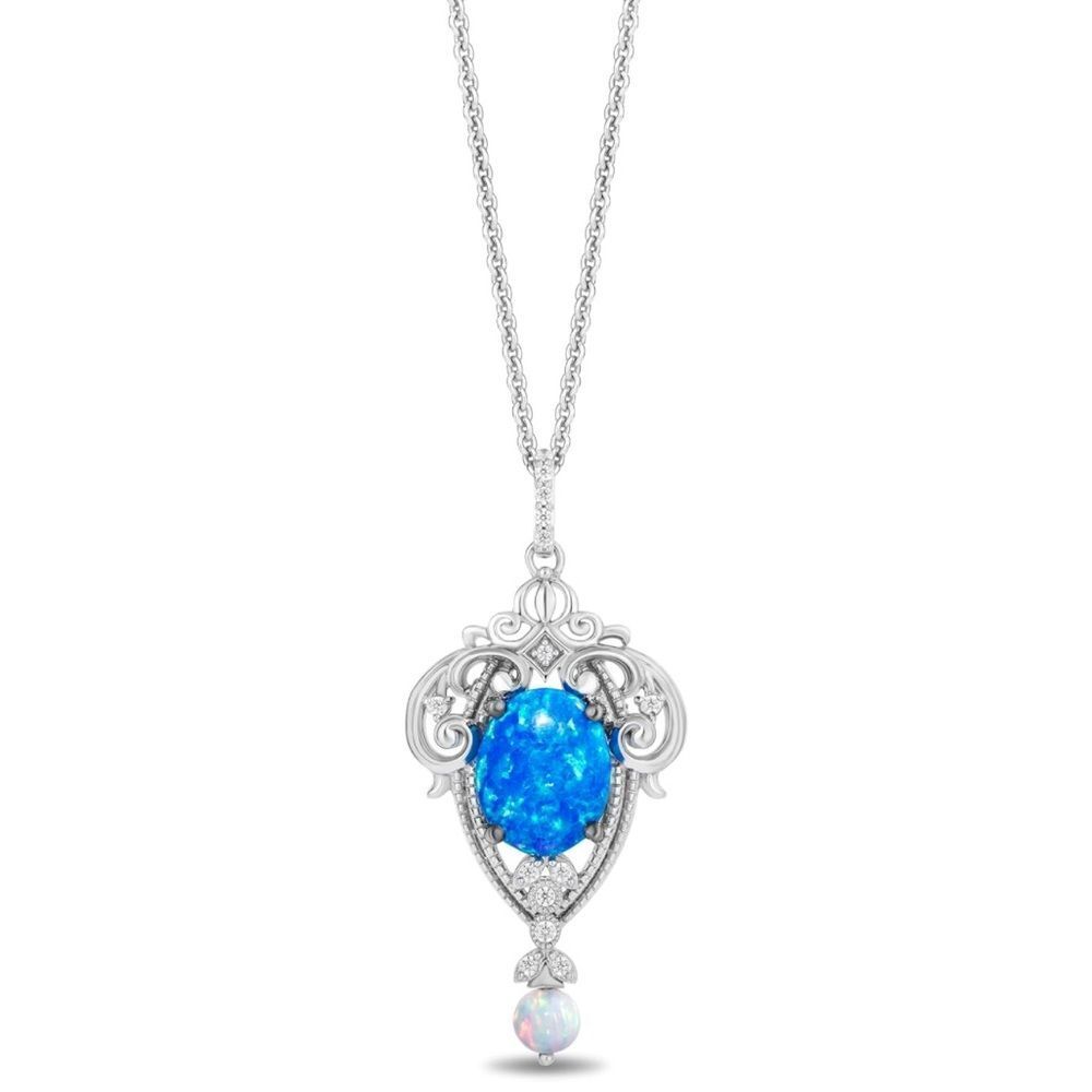18k Disney Cinderella necklace 1/10 CTTW white diamonds white opal blue opal